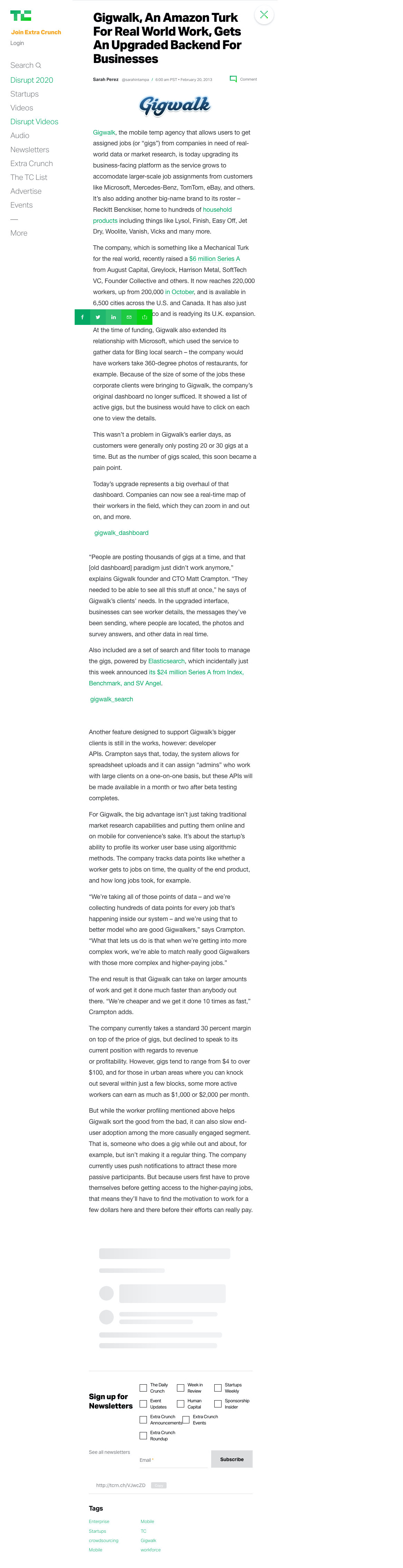 Screenshot of Techcrunch Interview on Gigwalk with Matt Crampton